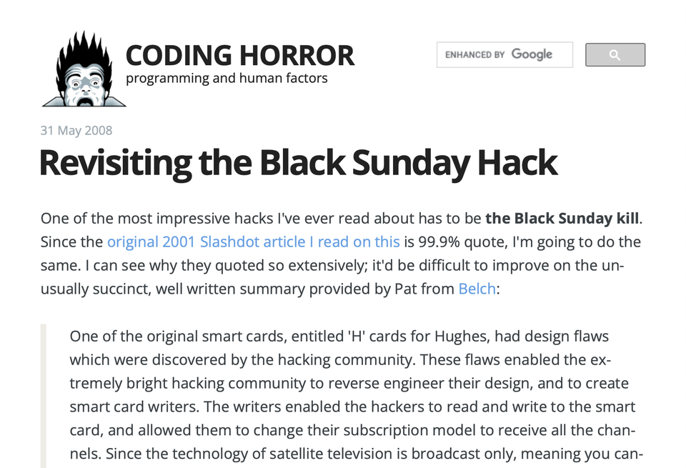 Screenshot of blog post titled "Revisiting the Black Sunday Hack"